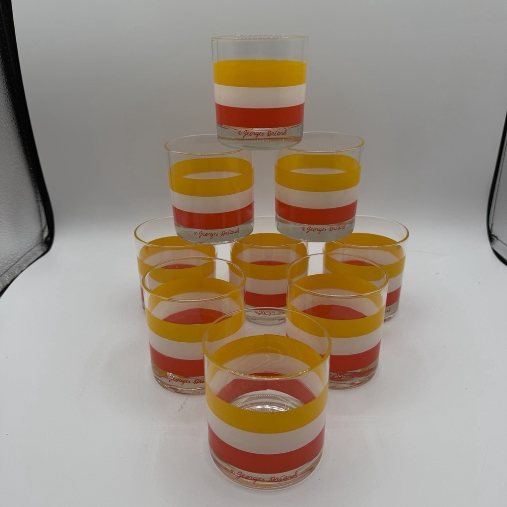 Vintage Set of 9 Georges Briard Cabana Cocktail Glasses Striped Yellow Orange